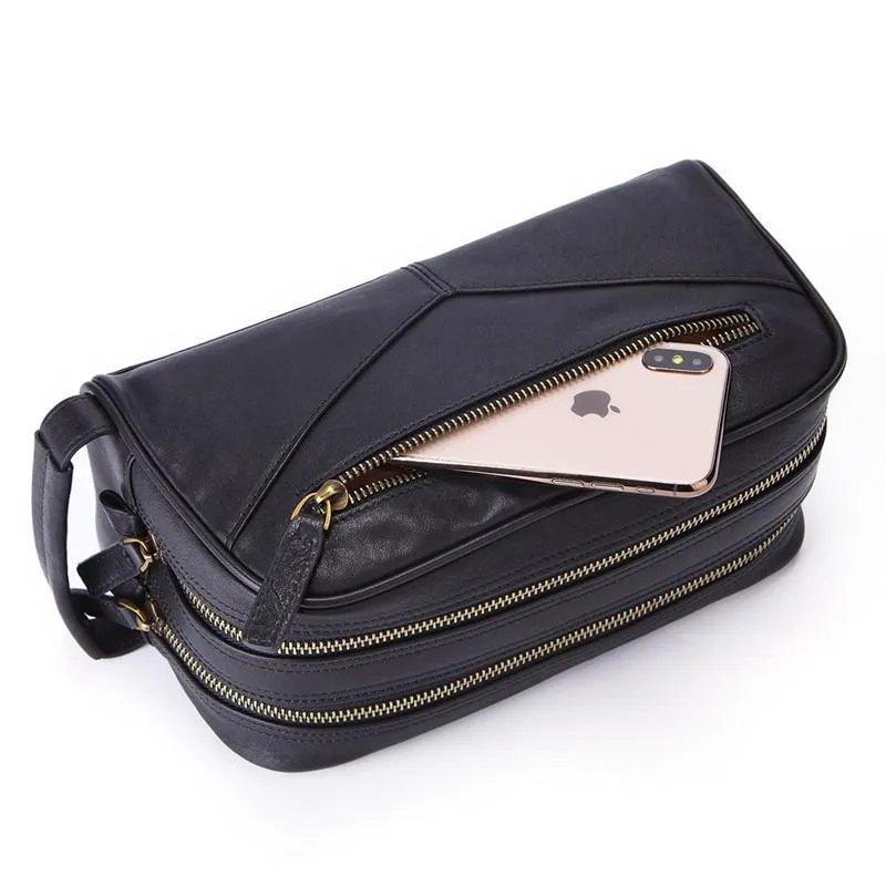 Casual Black Leather Men's Wristlet Bag Double Zipper Clutch Bag For Men