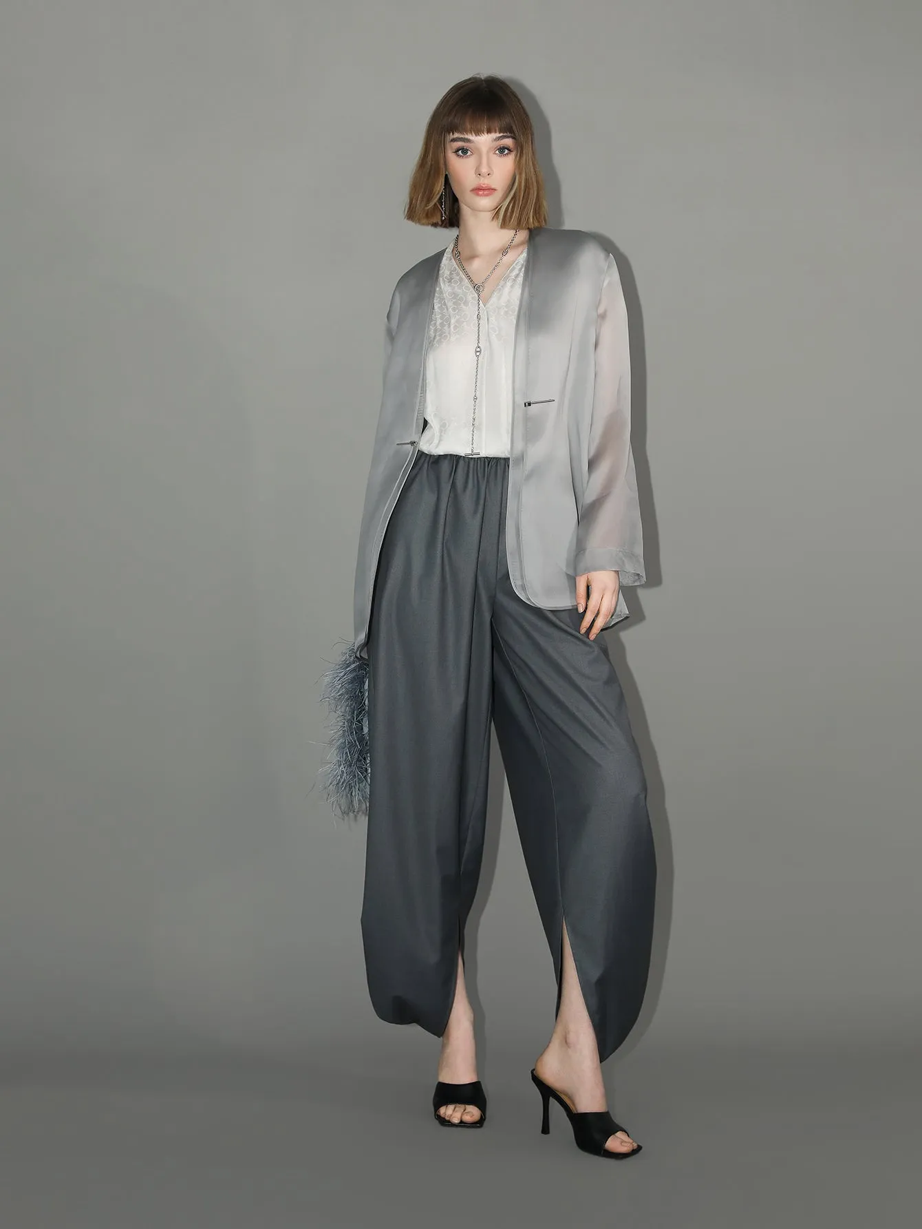 Charcoal Wide Leg Side Slit Satin Balloon Pants