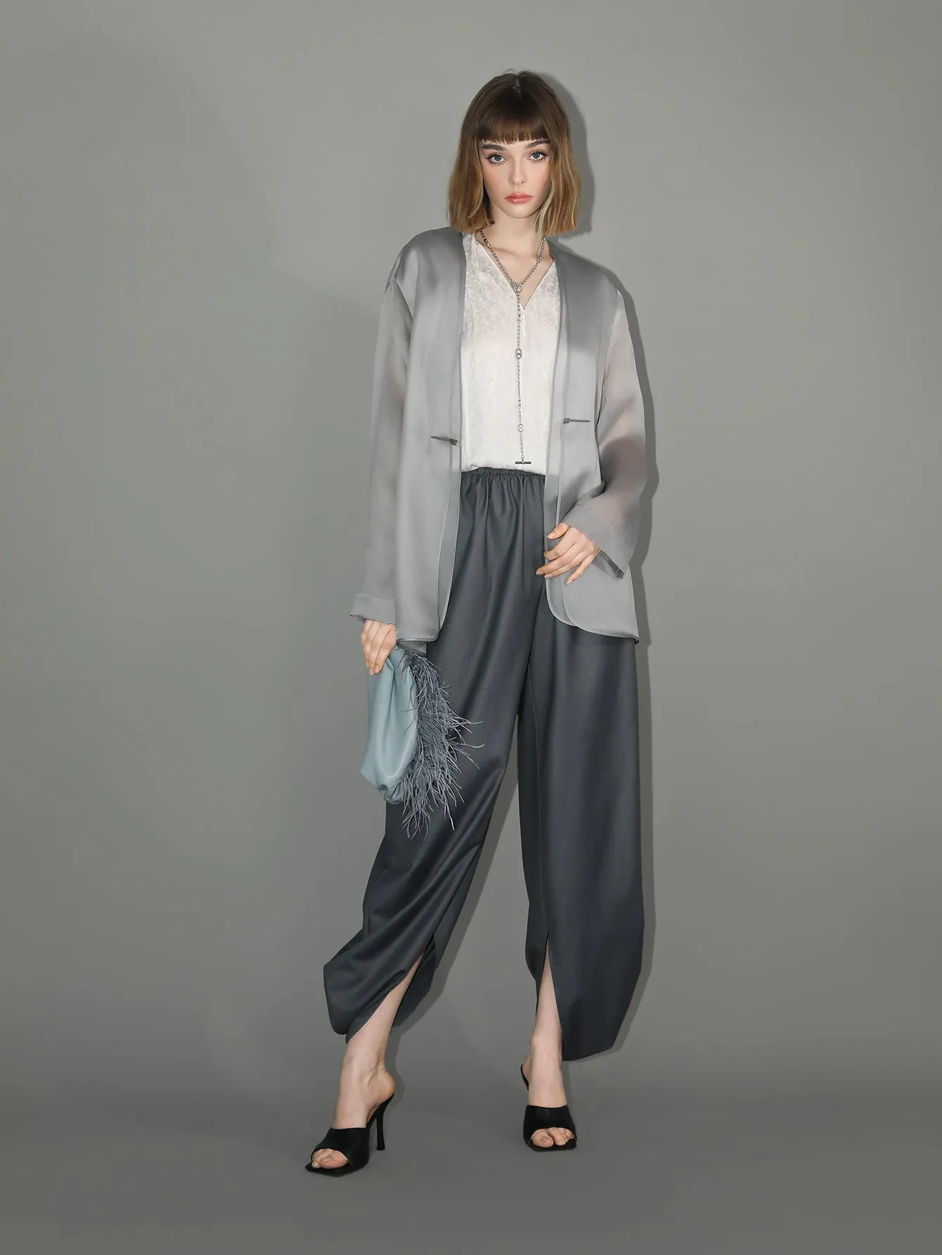 Charcoal Wide Leg Side Slit Satin Balloon Pants