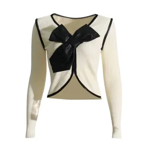 Colorblock Temperament T Shirts For Women O Neck Long Sleeve Patchwork Bowknot Elegant Casual T Shirt Female Style