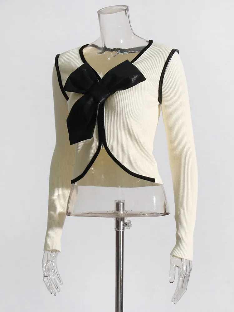 Colorblock Temperament T Shirts For Women O Neck Long Sleeve Patchwork Bowknot Elegant Casual T Shirt Female Style