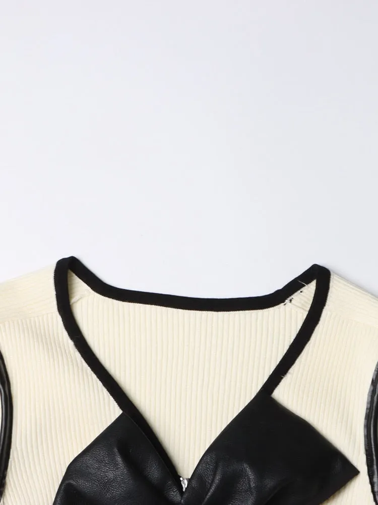 Colorblock Temperament T Shirts For Women O Neck Long Sleeve Patchwork Bowknot Elegant Casual T Shirt Female Style