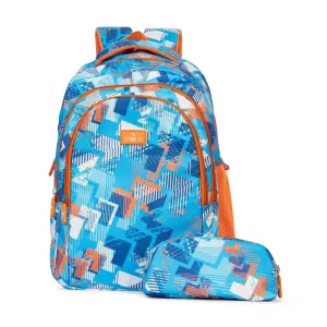 Combo: THE CLOWNFISH Printed Polyester School Backpack with Pencil Pouch | 30L | Blue - Orange