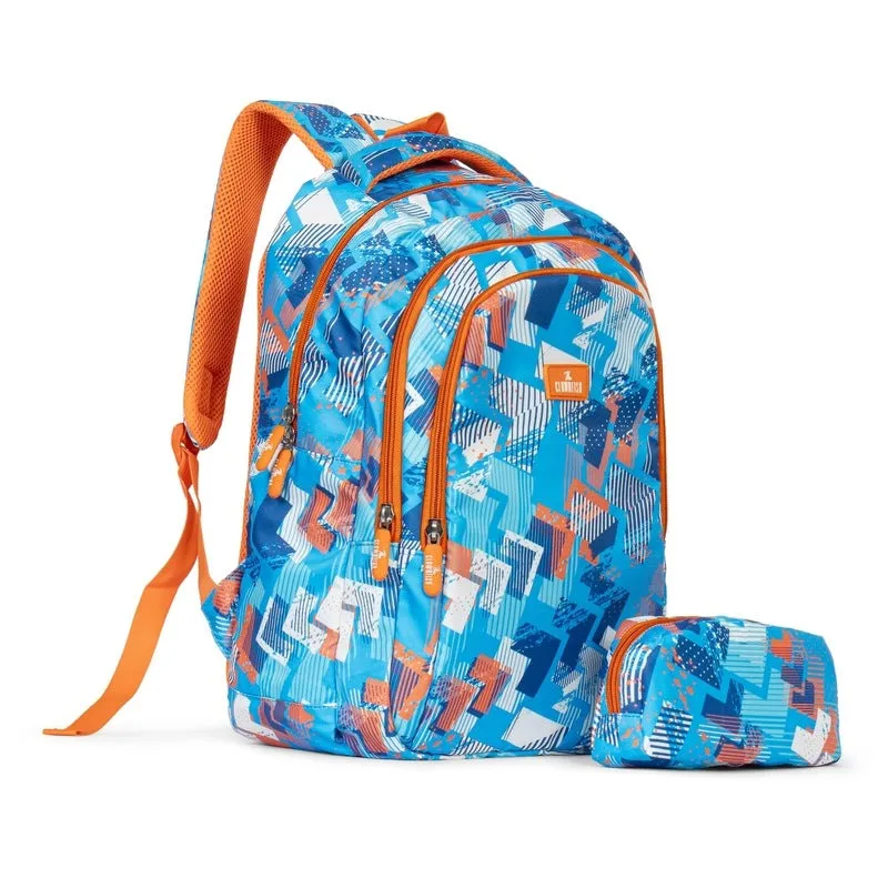 Combo: THE CLOWNFISH Printed Polyester School Backpack with Pencil Pouch | 30L | Blue - Orange