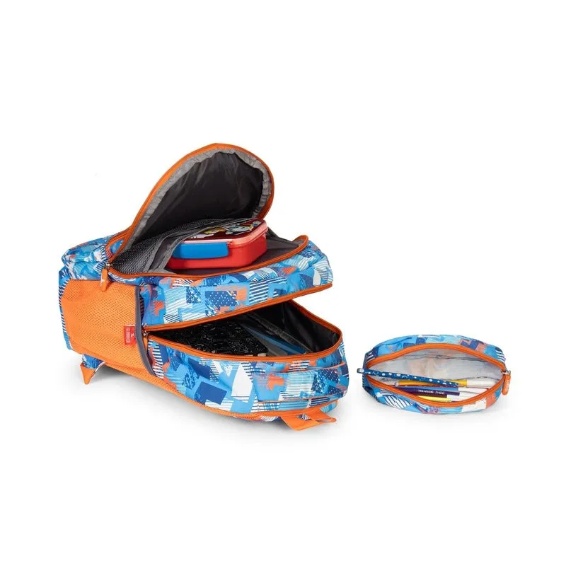 Combo: THE CLOWNFISH Printed Polyester School Backpack with Pencil Pouch | 30L | Blue - Orange