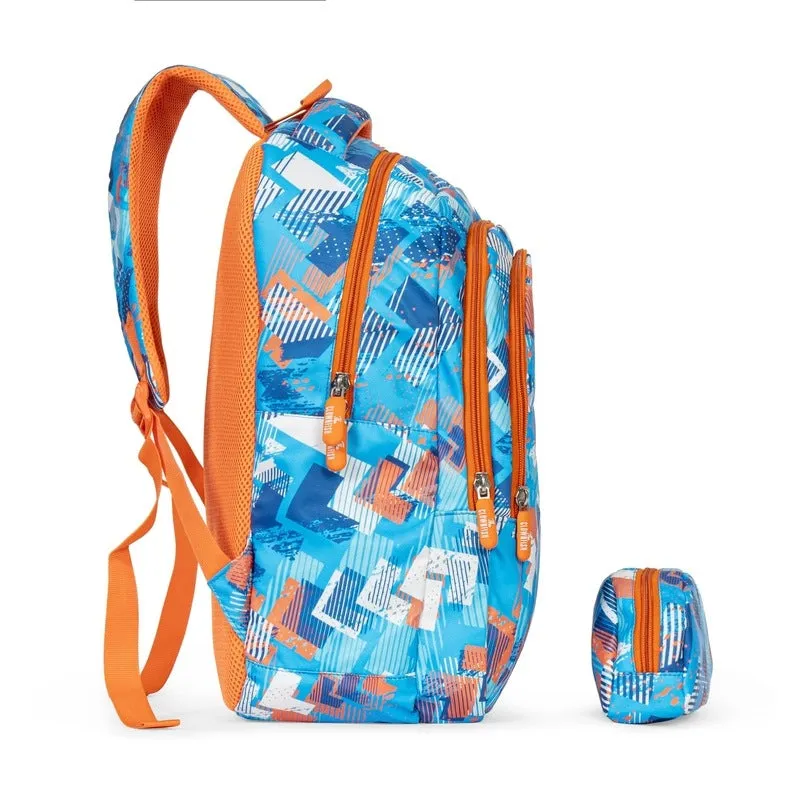 Combo: THE CLOWNFISH Printed Polyester School Backpack with Pencil Pouch | 30L | Blue - Orange