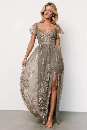 Corinne Shimmer Maxi Gown | Dark Sage   Rose Gold