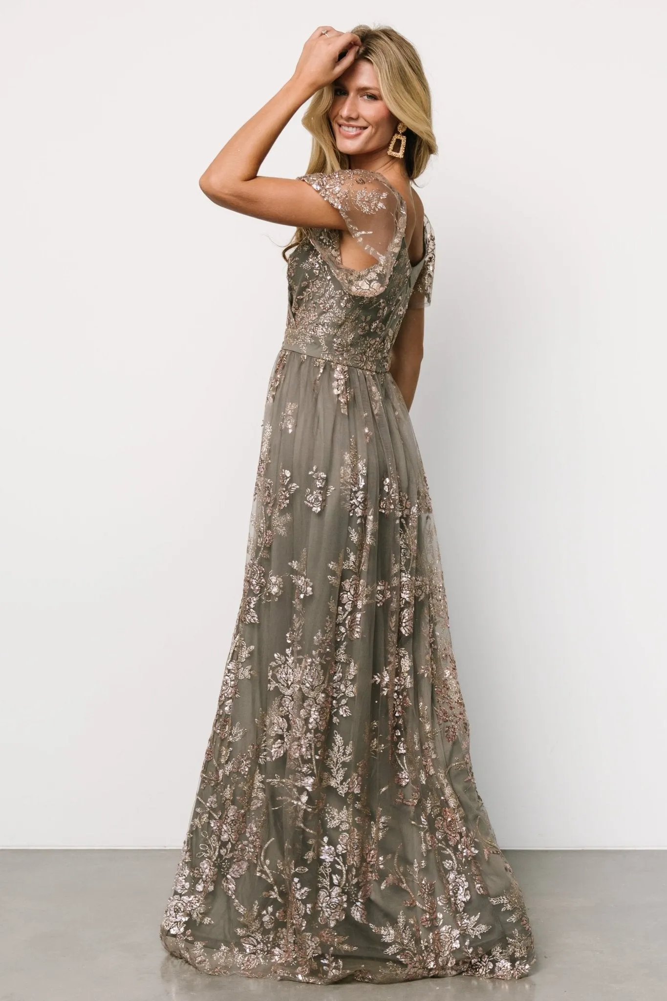 Corinne Shimmer Maxi Gown | Dark Sage   Rose Gold