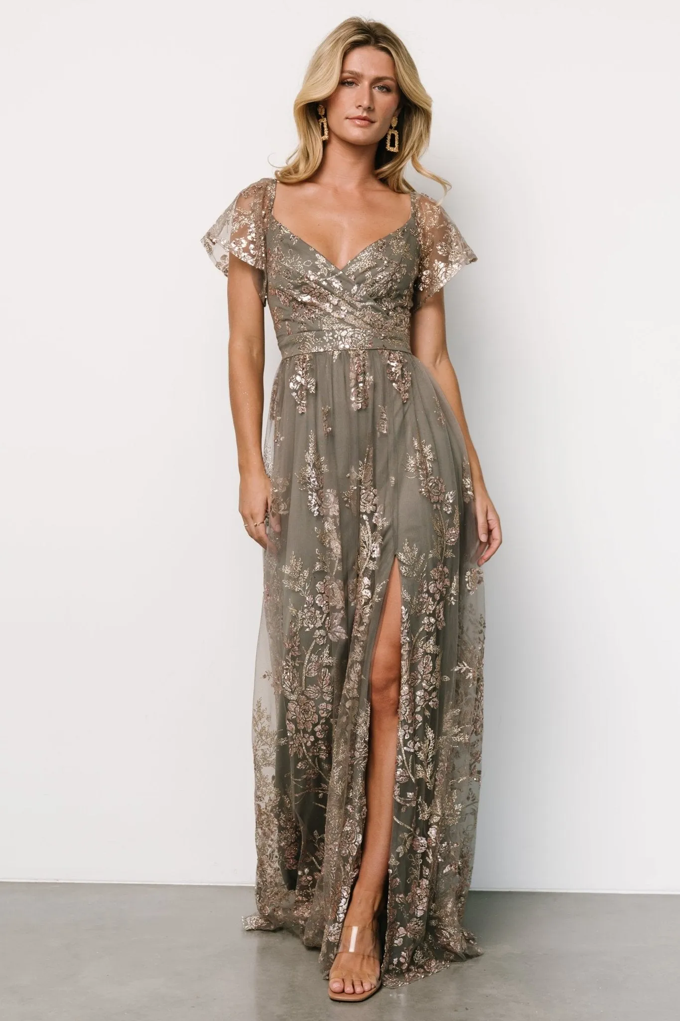 Corinne Shimmer Maxi Gown | Dark Sage   Rose Gold