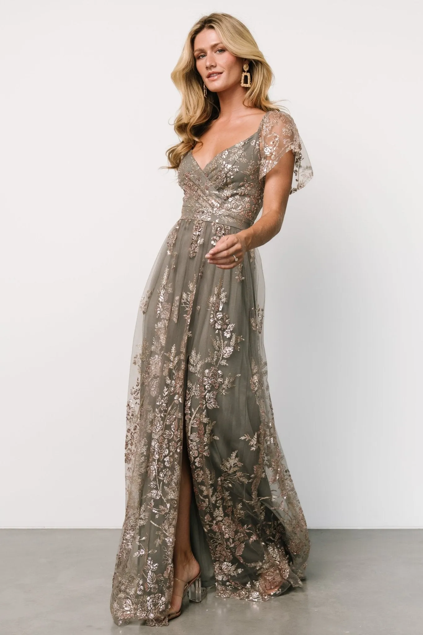 Corinne Shimmer Maxi Gown | Dark Sage   Rose Gold