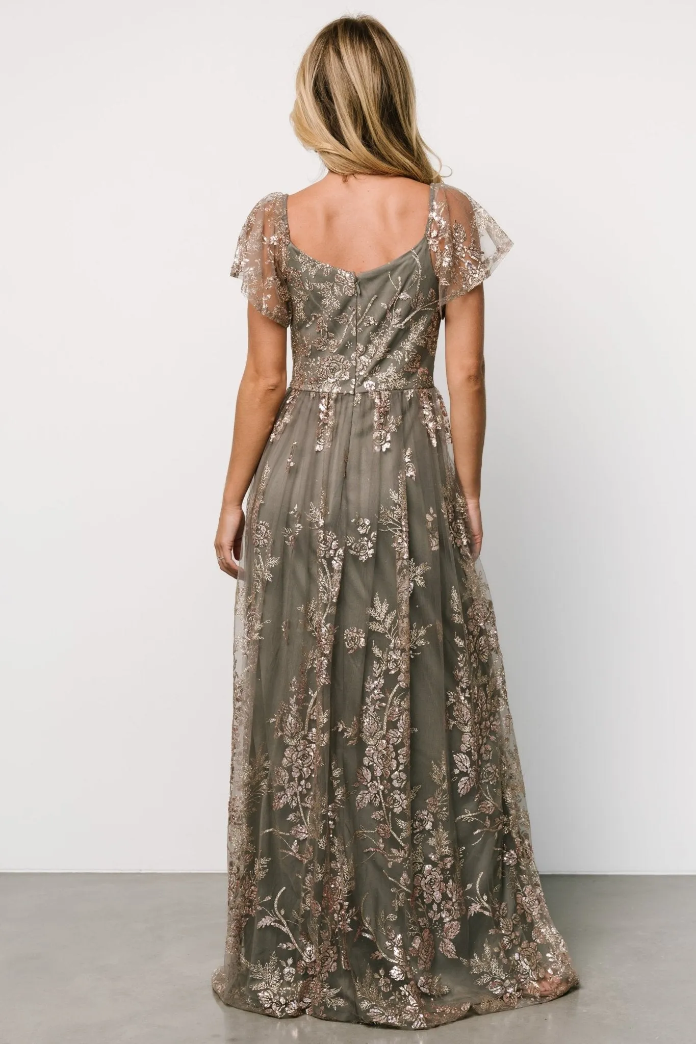 Corinne Shimmer Maxi Gown | Dark Sage   Rose Gold