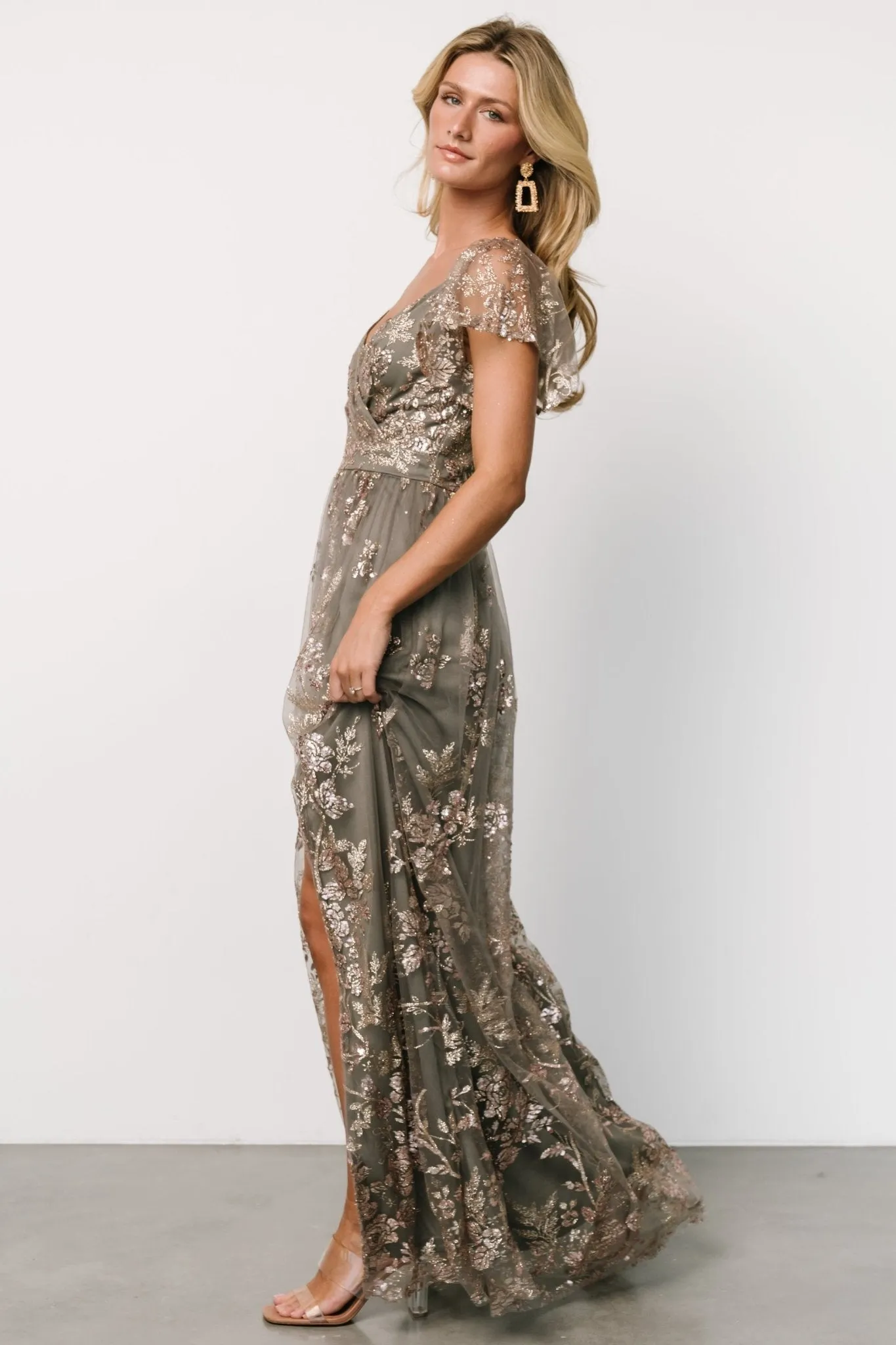 Corinne Shimmer Maxi Gown | Dark Sage   Rose Gold