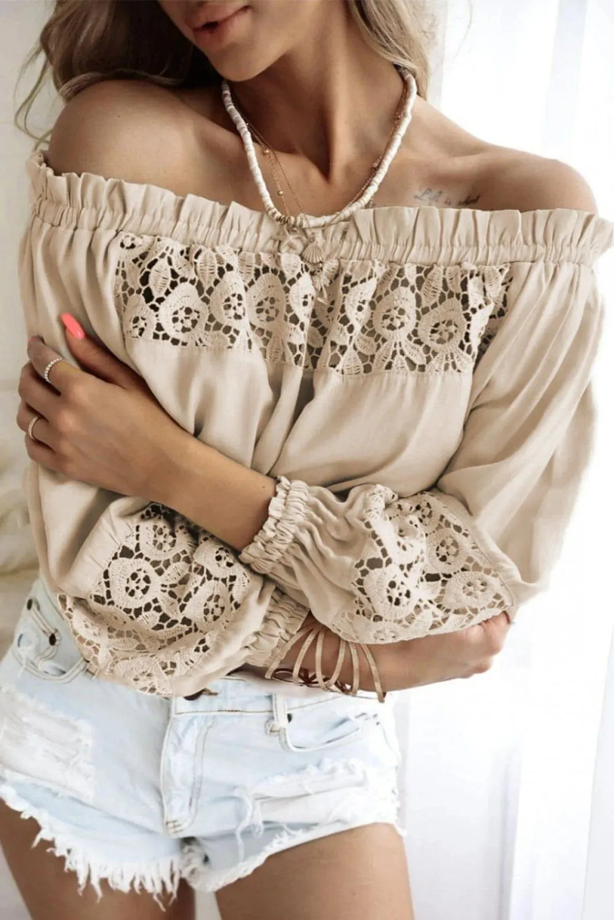 Crochet Hollow-Out Off-Shoulder Blouse Apricot