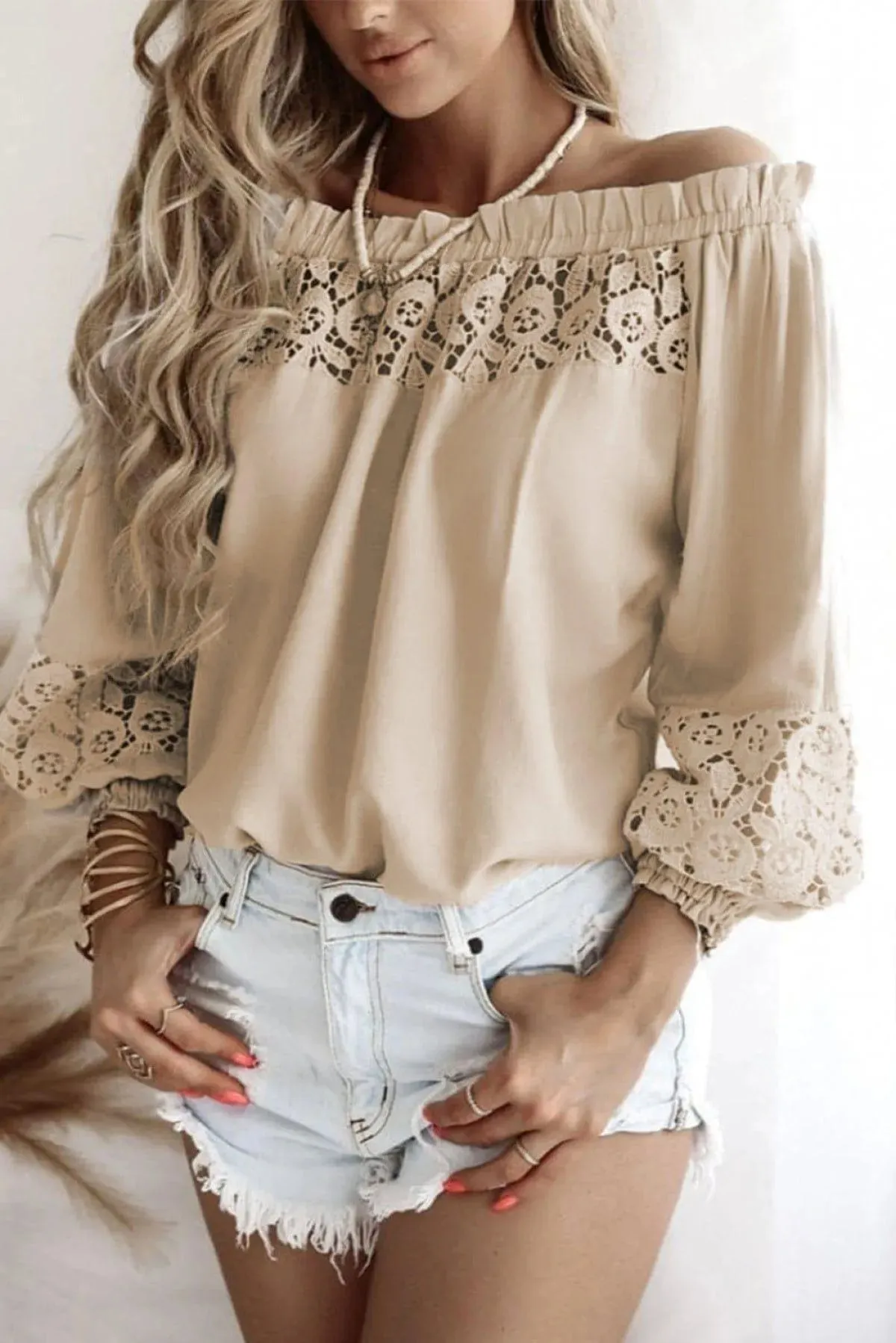 Crochet Hollow-Out Off-Shoulder Blouse Apricot