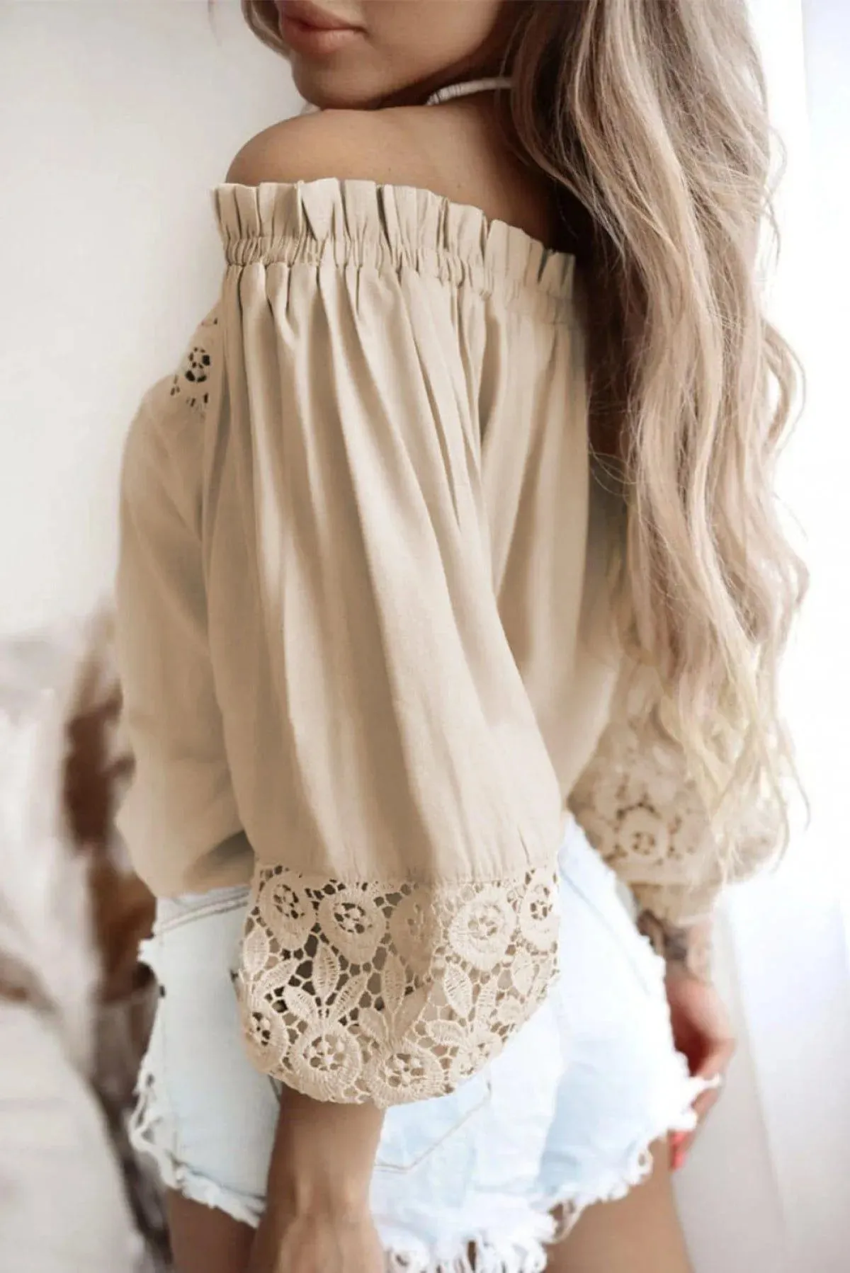Crochet Hollow-Out Off-Shoulder Blouse Apricot