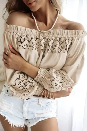 Crochet Hollow-Out Off-Shoulder Blouse Apricot