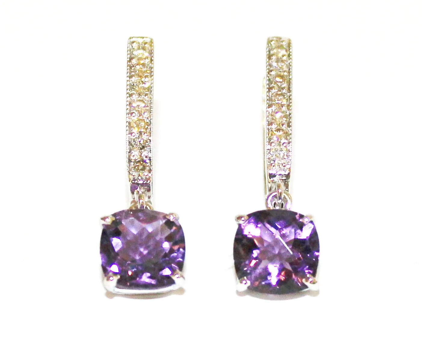 Cushion Amethyst Diamond Hoop Drop Earring AD No. 1092