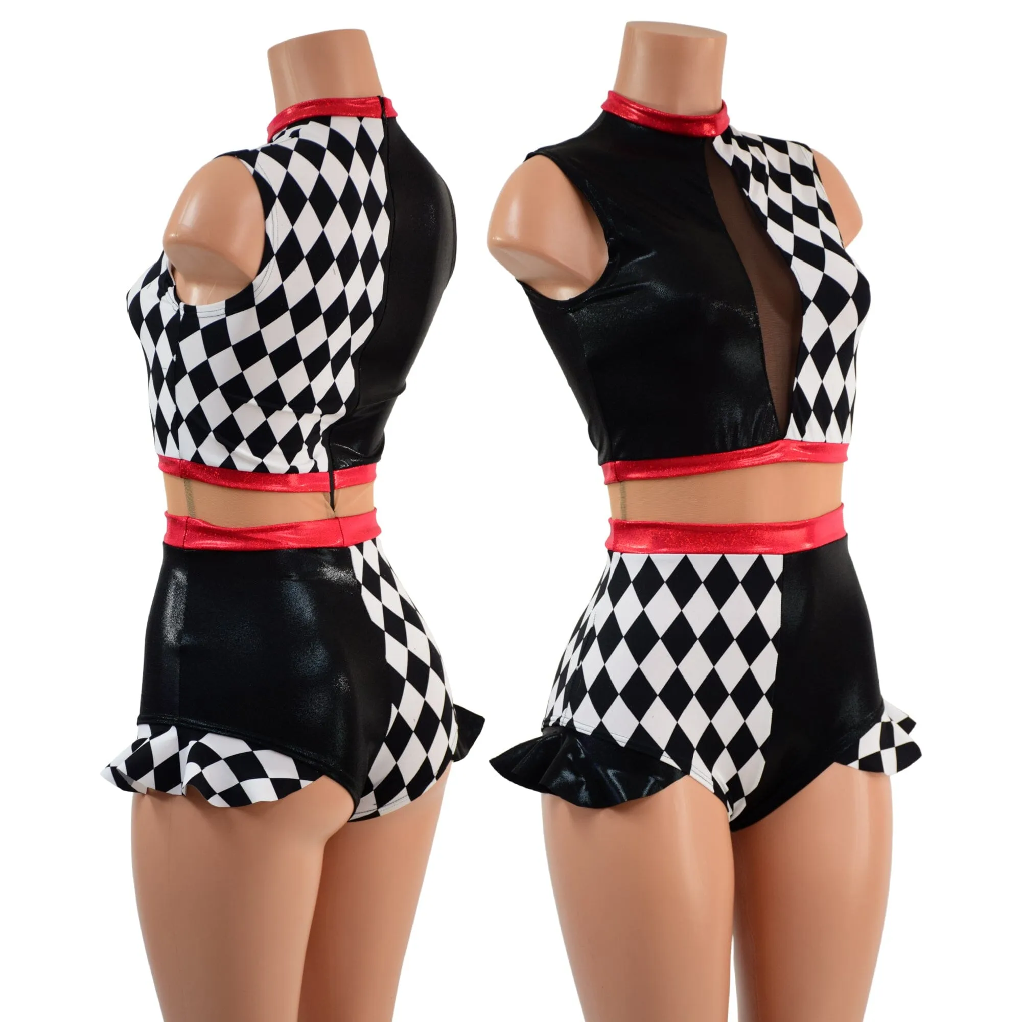 Diamond, Black Mystique and Nude Mesh Romper with Inset Keyhole Neckline