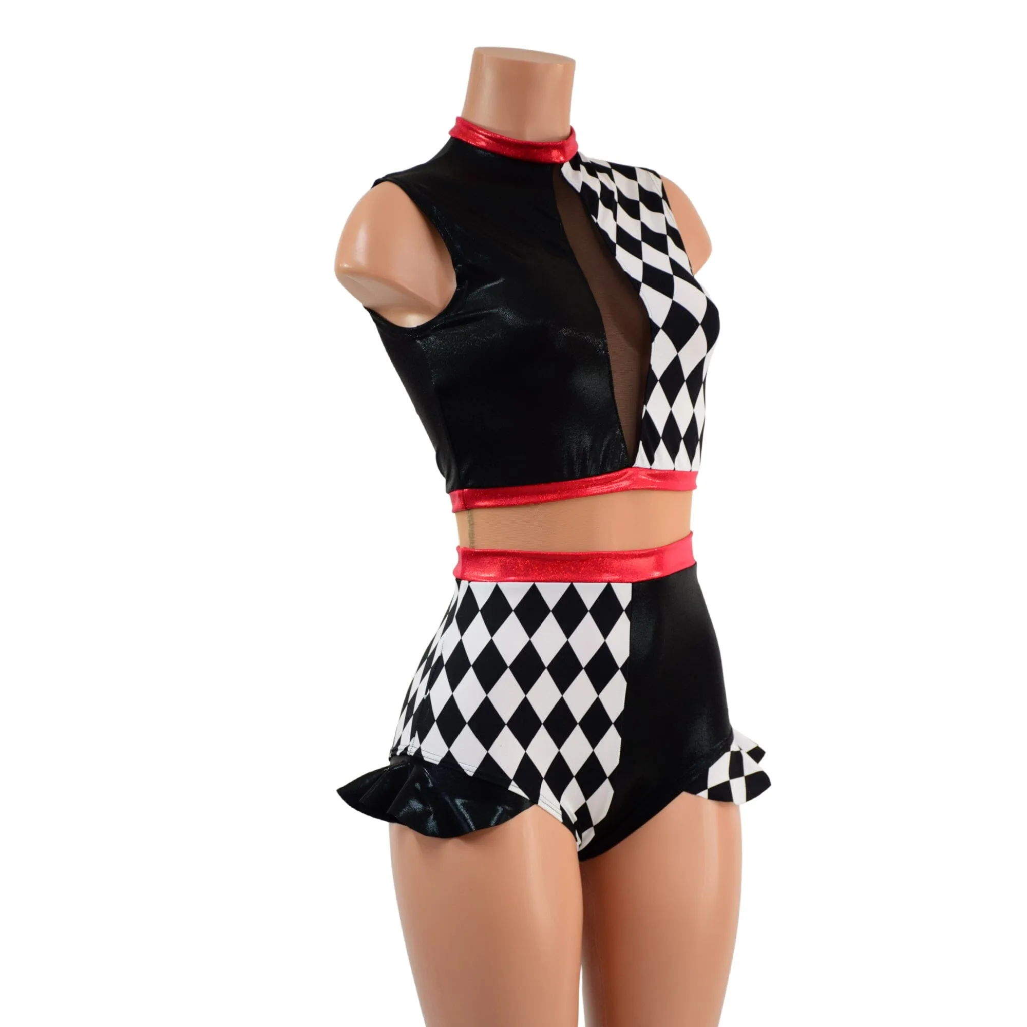 Diamond, Black Mystique and Nude Mesh Romper with Inset Keyhole Neckline
