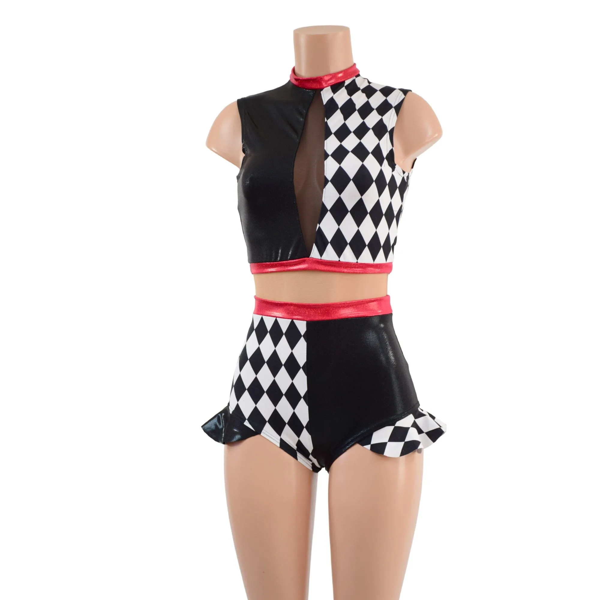 Diamond, Black Mystique and Nude Mesh Romper with Inset Keyhole Neckline