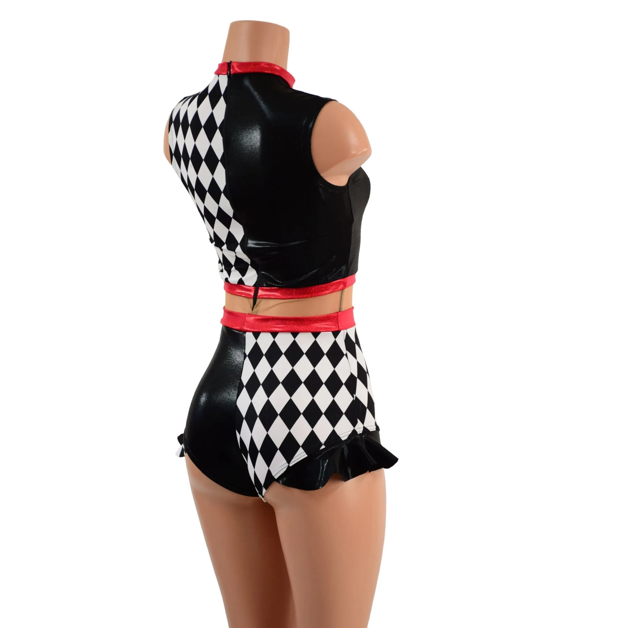Diamond, Black Mystique and Nude Mesh Romper with Inset Keyhole Neckline