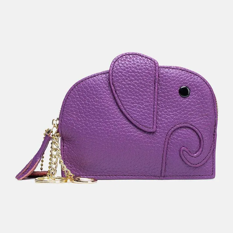 elvesmall Women Genuine Leather Casual Cute Animal Elephant Pattern Mini Keychain Coin Bag Storage Bag