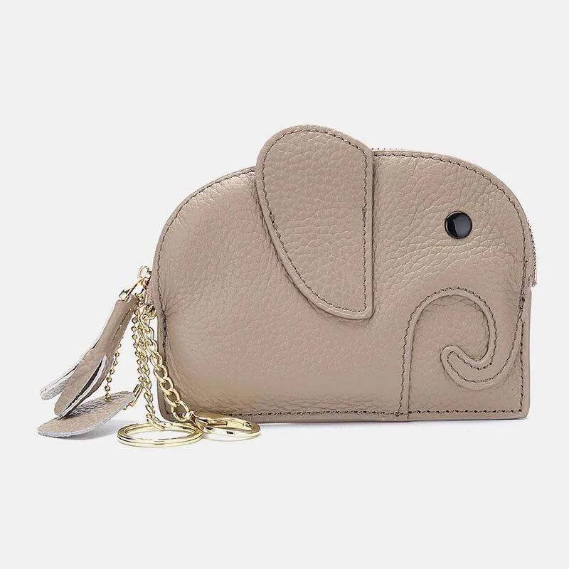 elvesmall Women Genuine Leather Casual Cute Animal Elephant Pattern Mini Keychain Coin Bag Storage Bag
