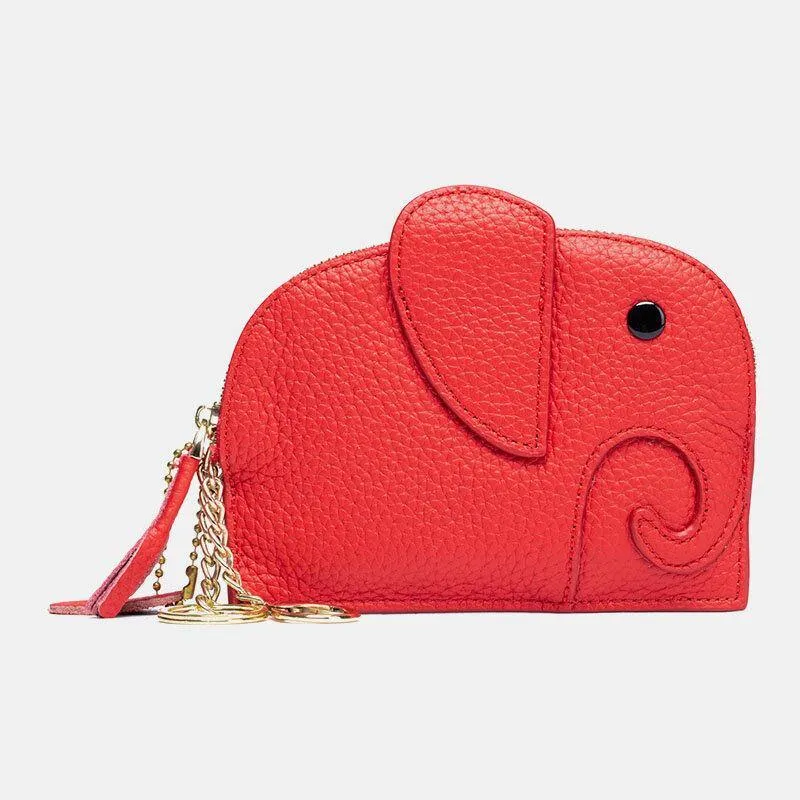 elvesmall Women Genuine Leather Casual Cute Animal Elephant Pattern Mini Keychain Coin Bag Storage Bag