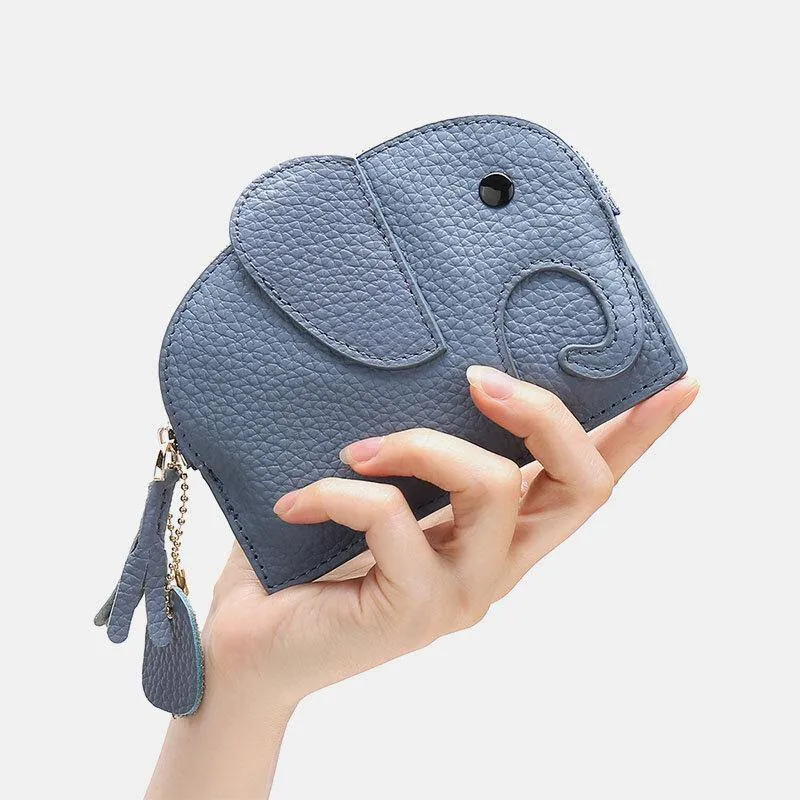 elvesmall Women Genuine Leather Casual Cute Animal Elephant Pattern Mini Keychain Coin Bag Storage Bag