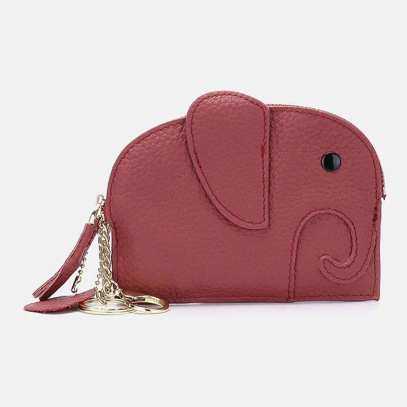elvesmall Women Genuine Leather Casual Cute Animal Elephant Pattern Mini Keychain Coin Bag Storage Bag