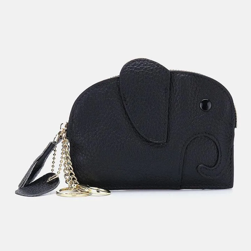elvesmall Women Genuine Leather Casual Cute Animal Elephant Pattern Mini Keychain Coin Bag Storage Bag