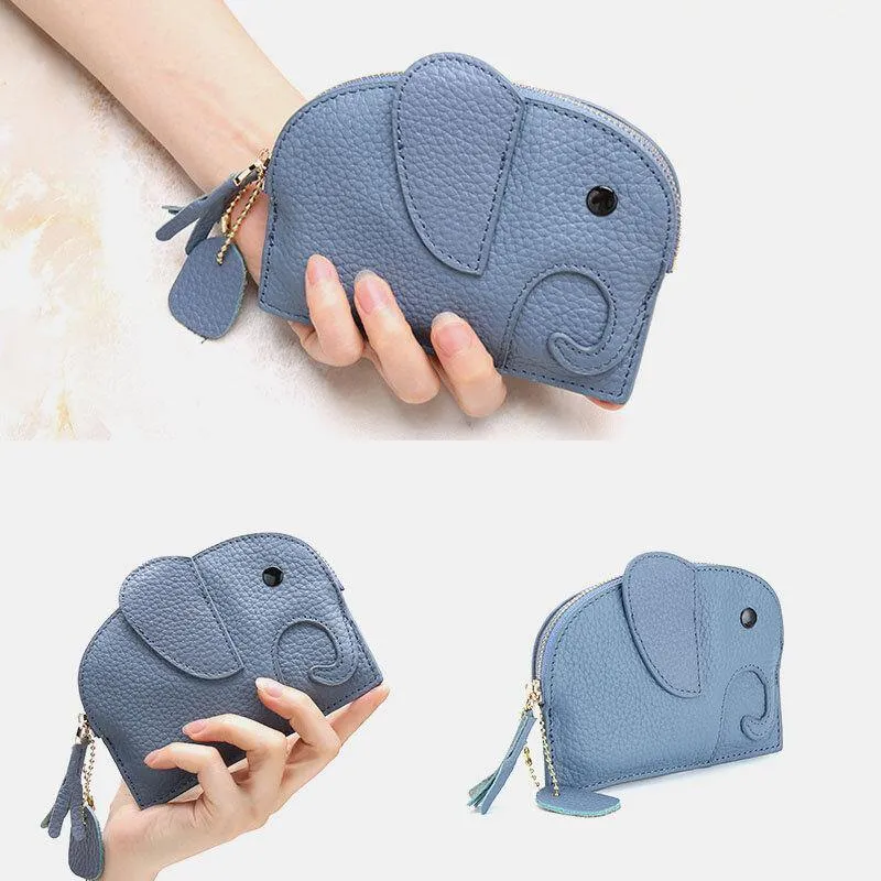 elvesmall Women Genuine Leather Casual Cute Animal Elephant Pattern Mini Keychain Coin Bag Storage Bag