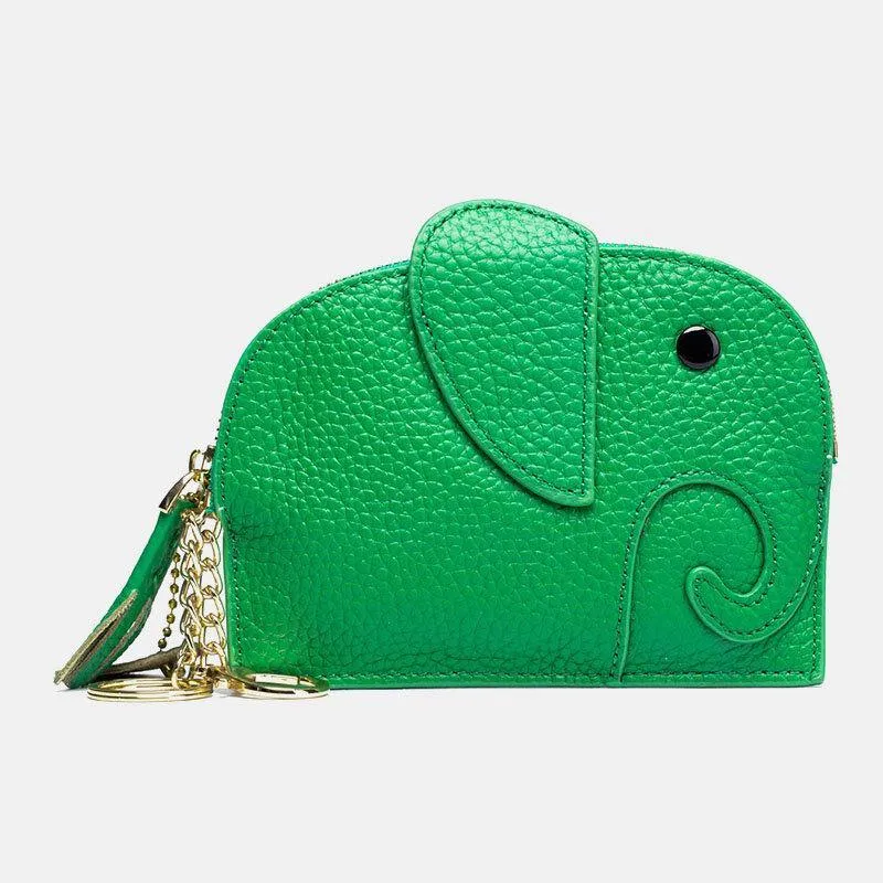 elvesmall Women Genuine Leather Casual Cute Animal Elephant Pattern Mini Keychain Coin Bag Storage Bag