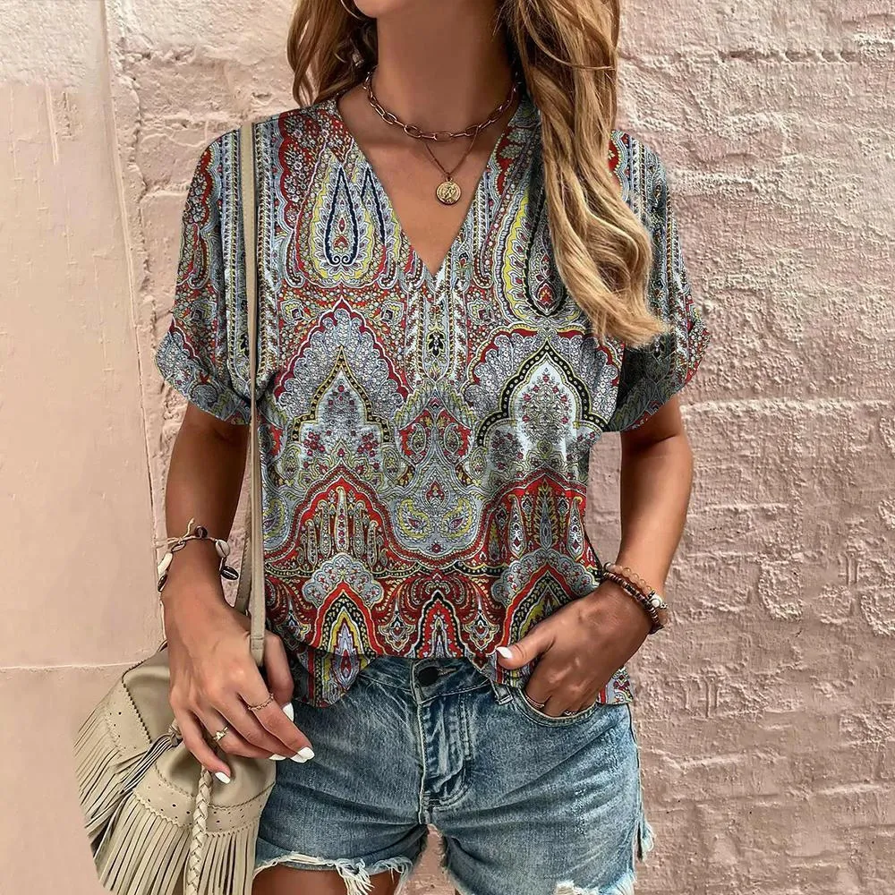 Ethnic V-Neck Printed T-Shirt for a Stylish Summer Look with Short Sleeves