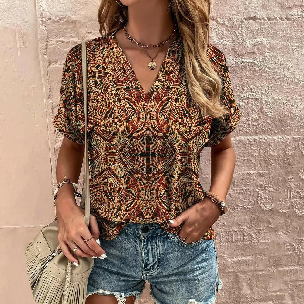Ethnic V-Neck Printed T-Shirt for a Stylish Summer Look with Short Sleeves