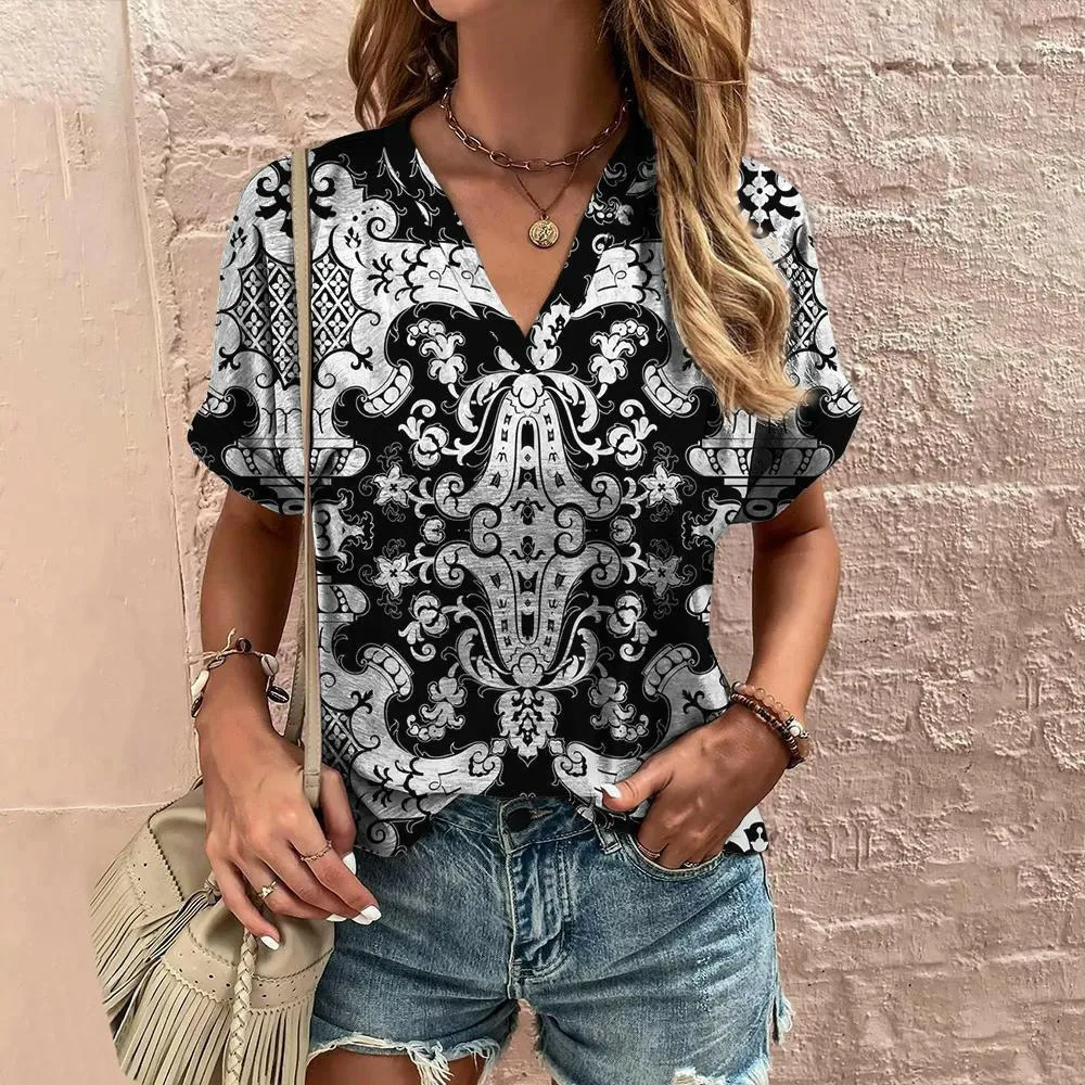 Ethnic V-Neck Printed T-Shirt for a Stylish Summer Look with Short Sleeves