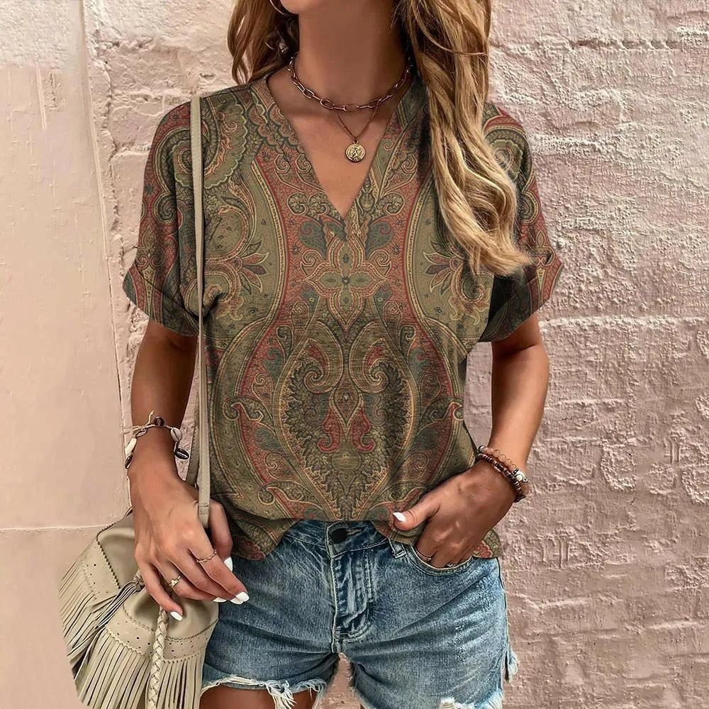 Ethnic V-Neck Printed T-Shirt for a Stylish Summer Look with Short Sleeves