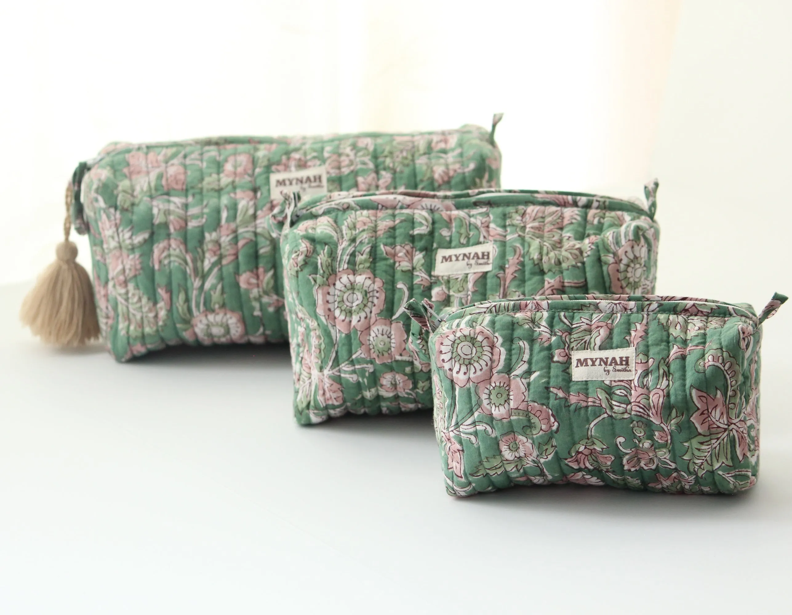'EVERGREEN PALACE' printed travel/makeup zipper pouch-set of 3