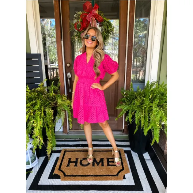 Eyelet Magenta Puff Sleeve Smocked Waist Dress