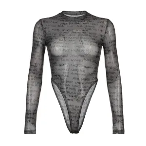 Fashion Black Mesh Bodysuit Women See Through Letter Printing Bodycon Sexy Body One Piece Catsuit Party Clubwear Goth