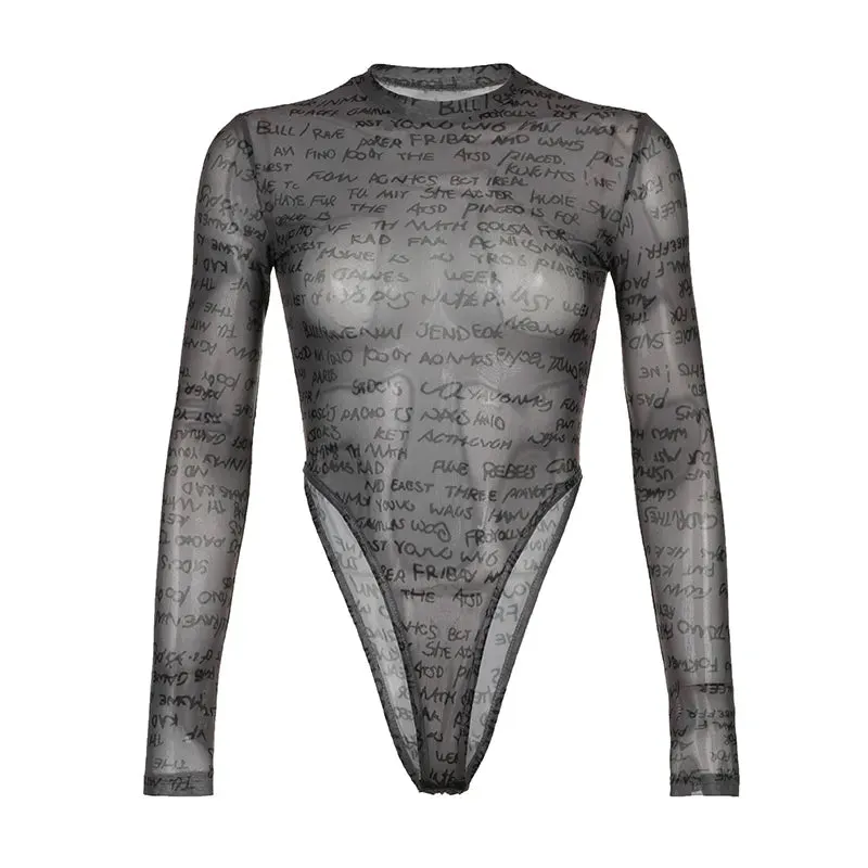 Fashion Black Mesh Bodysuit Women See Through Letter Printing Bodycon Sexy Body One Piece Catsuit Party Clubwear Goth