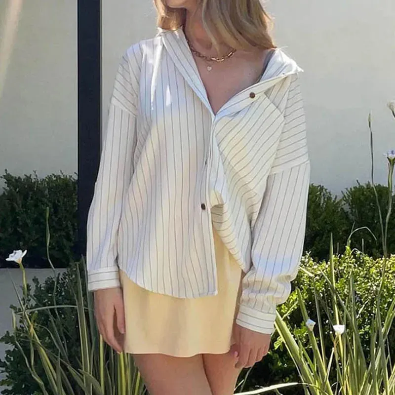 Fashion Chic Loose Stripe Women Shirt Top Buttons Long Sleeve Elegant Casual Autumn Blouse Streetwear Clothes Spring