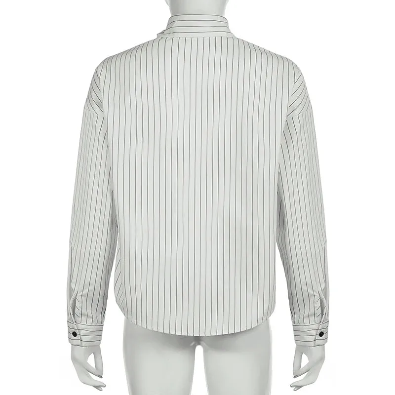 Fashion Chic Loose Stripe Women Shirt Top Buttons Long Sleeve Elegant Casual Autumn Blouse Streetwear Clothes Spring