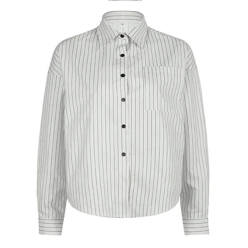 Fashion Chic Loose Stripe Women Shirt Top Buttons Long Sleeve Elegant Casual Autumn Blouse Streetwear Clothes Spring
