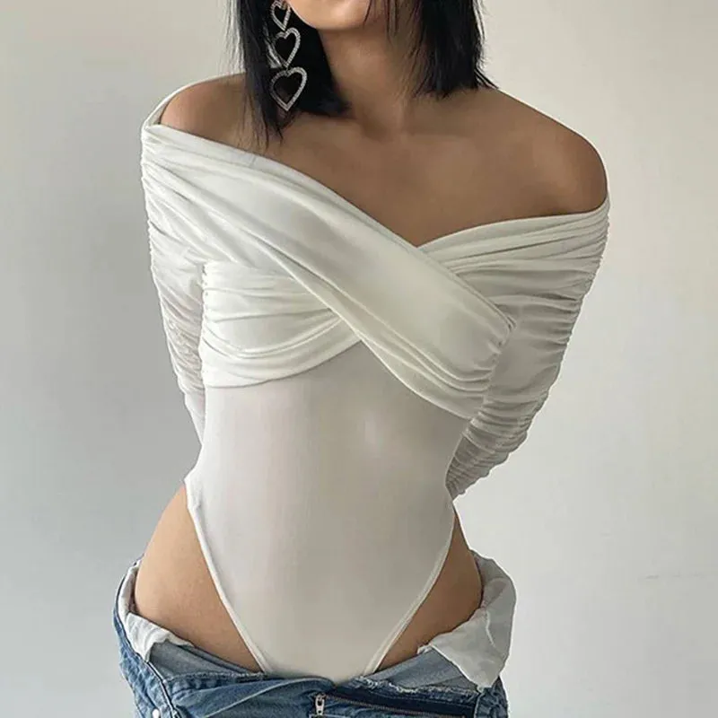 Fashion White Fold Skinny Sexy Bodysuit Women Off Shoulder Party Body One Piece Criss-Cross Elegant Jumpsuit Outfits