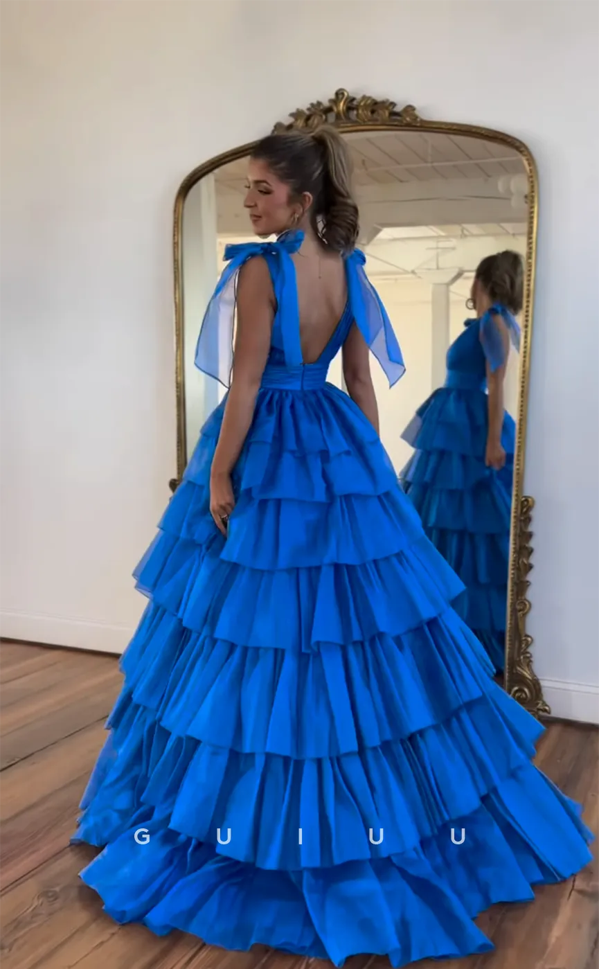 G4406 - Glamorous A-Line Blue V Neck Pleats Open Back Sleeveless Long Prom Formal Dress with Slit