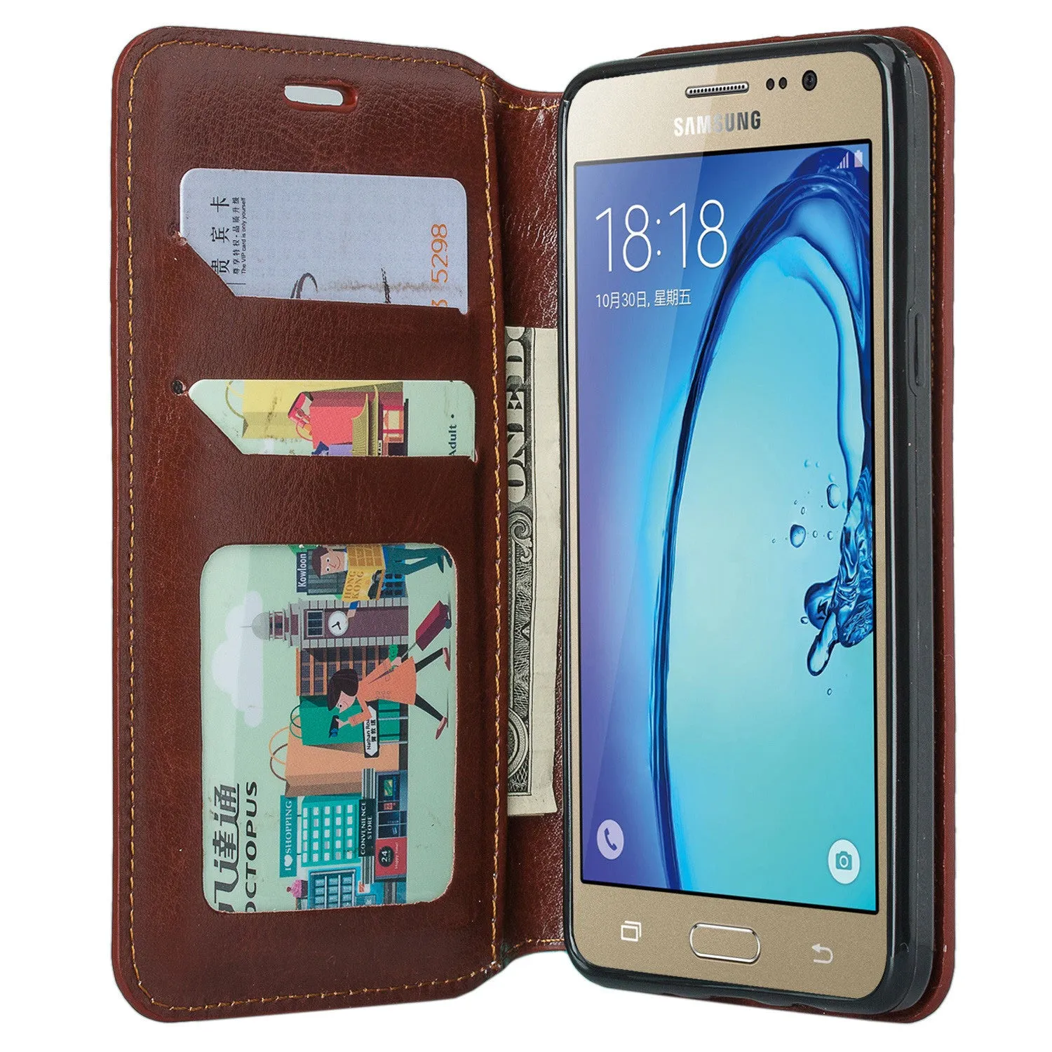 Galaxy On5 Case, Samsung Galaxy On5 Wallet Case, Flip Fold[Kickstand] Pu Leather Wallet Case with ID & Credit Card Slots for Galaxy On5 - Brown