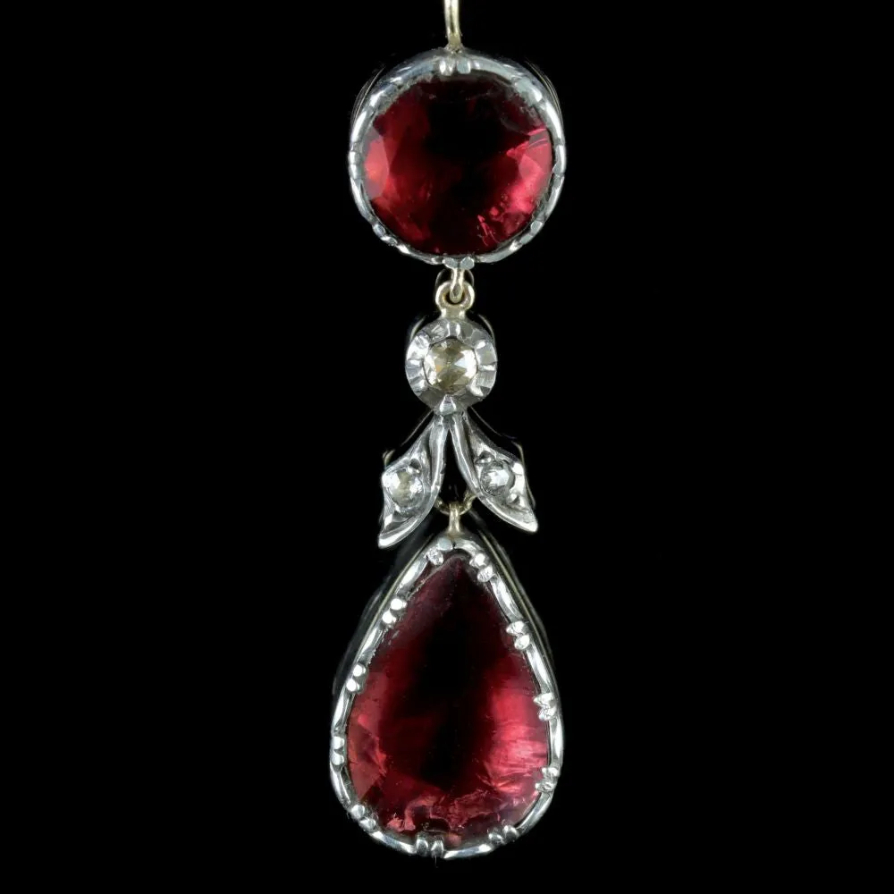Georgian Flat Cut Garnet Diamond Drop Earrings 18Ct Gold Silver