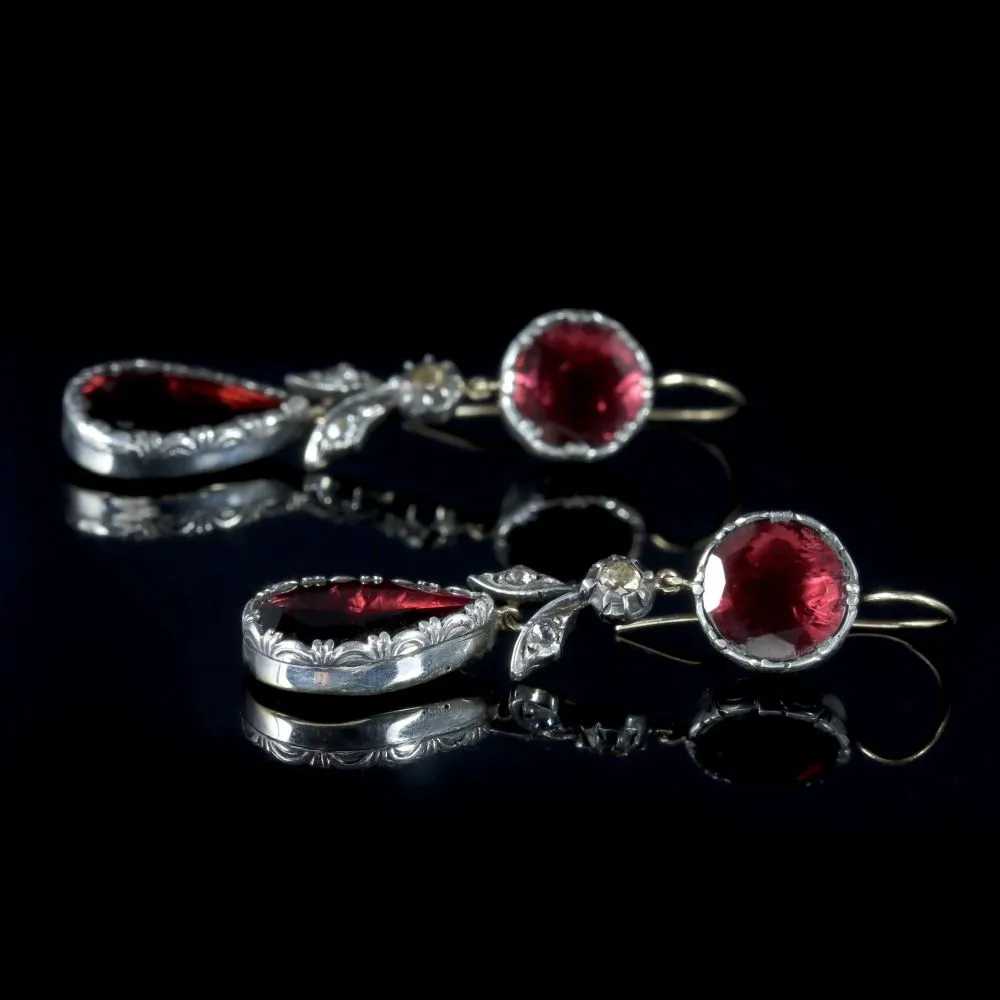 Georgian Flat Cut Garnet Diamond Drop Earrings 18Ct Gold Silver