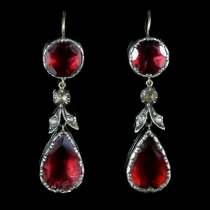 Georgian Flat Cut Garnet Diamond Drop Earrings 18Ct Gold Silver